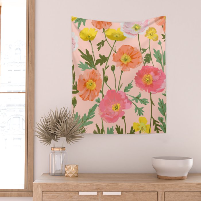 Large Poppy Coral Wall Tapestry Gallery Image 2