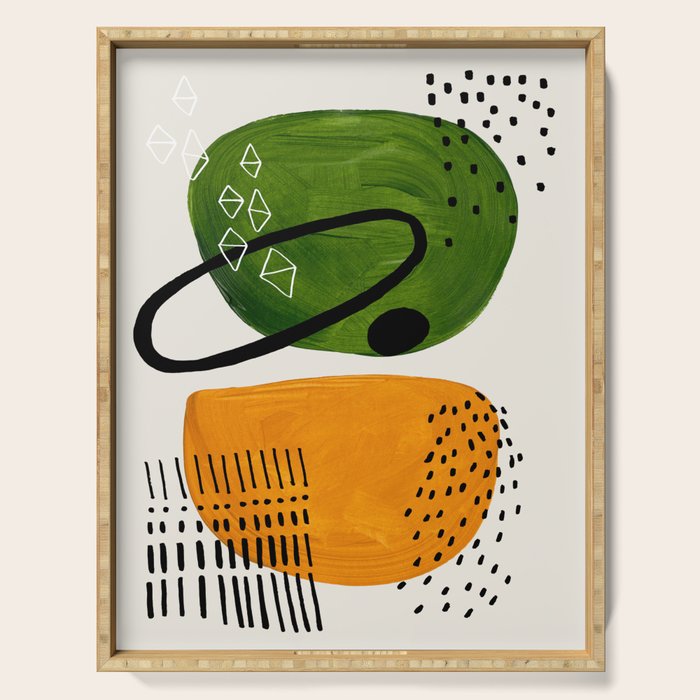 Mid Century Modern Abstract Colorful Art Patterns Olive Green Yellow Ochre Orbit Geometric Objects Serving Tray Gallery Image 1