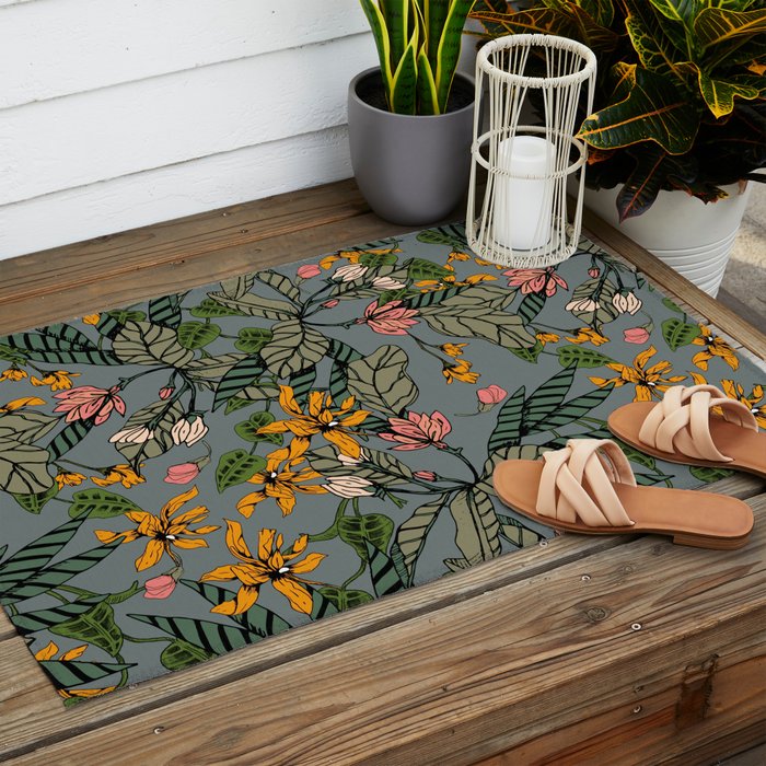 blooming flower botanical Outdoor Rug Gallery Image 2