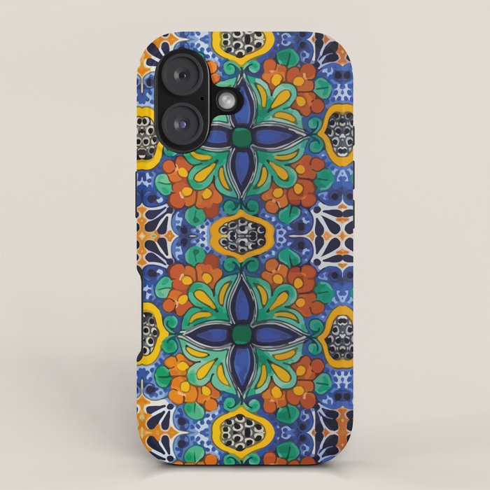 Maximalist leaves mexican flowers talavera pottery blue azulejo tile iPhone Case Gallery Image 1