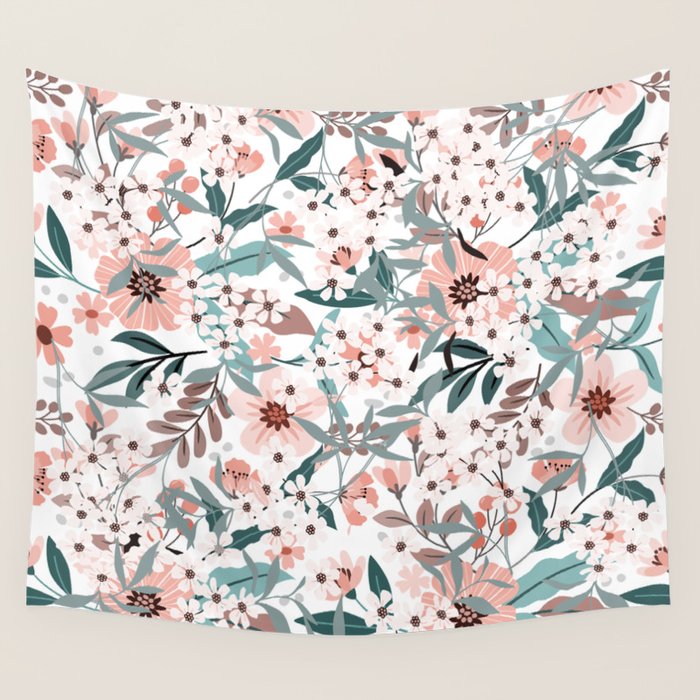 Spring Wildflowers, Floral Prints, Soft Pink and Teal Wall Tapestry Gallery Image 1