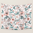 Spring Wildflowers, Floral Prints, Soft Pink and Teal Wall Tapestry Gallery Image 4