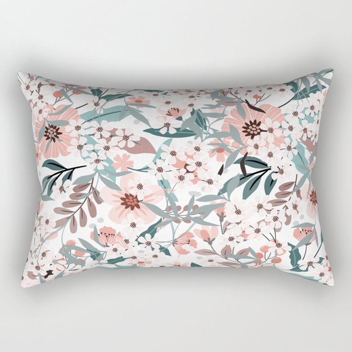 Spring Wildflowers, Floral Prints, Soft Pink and Teal Rectangular Pillow Gallery Image 2
