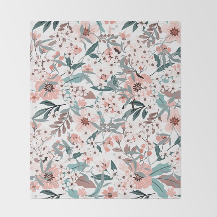 Spring Wildflowers, Floral Prints, Soft Pink and Teal Throw Blanket Gallery Image 2