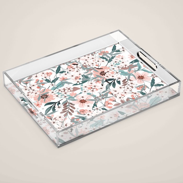 Spring Wildflowers, Floral Prints, Soft Pink and Teal Acrylic Tray Gallery Image 1