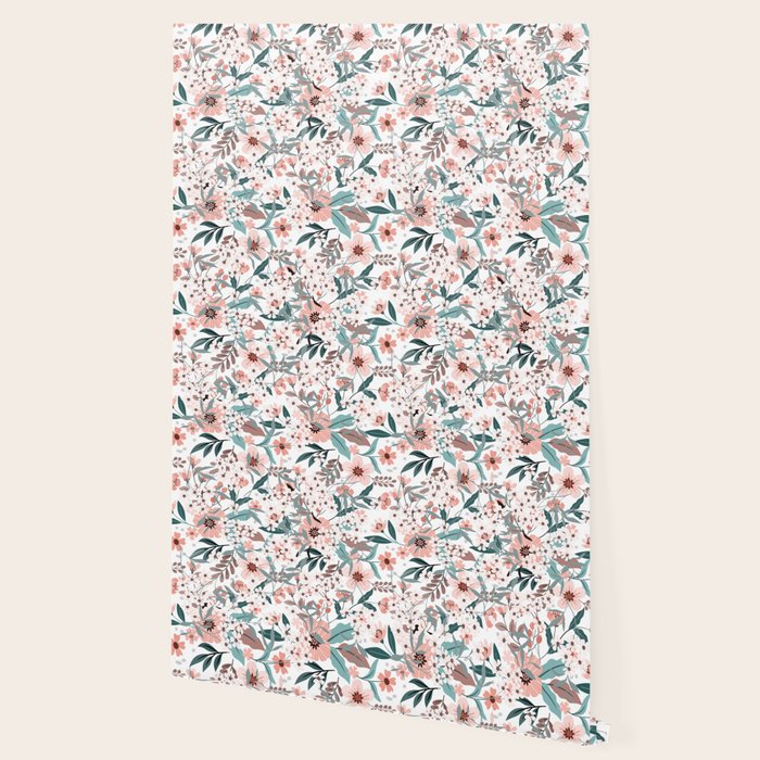 Spring Wildflowers, Floral Prints, Soft Pink and Teal Wallpaper Gallery Image 2