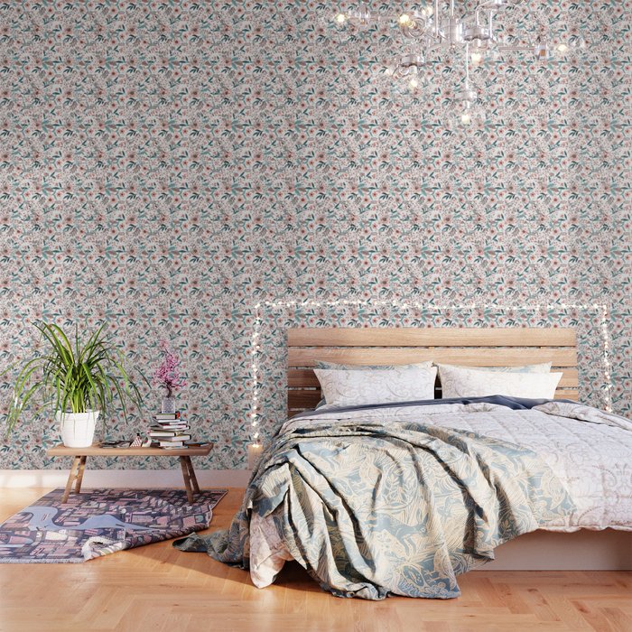 Spring Wildflowers, Floral Prints, Soft Pink and Teal Wallpaper Gallery Image 3