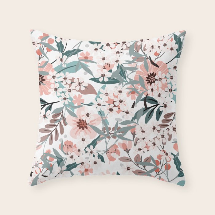 Spring Wildflowers, Floral Prints, Soft Pink and Teal Throw Pillow Gallery Image 1