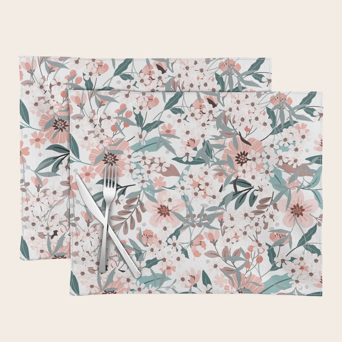 Spring Wildflowers, Floral Prints, Soft Pink and Teal Placemat Gallery Image 1