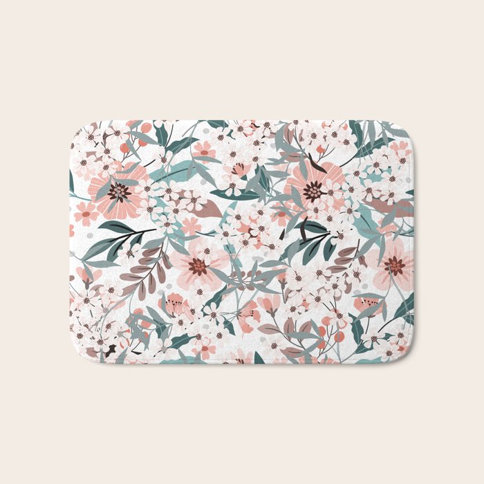 Spring Wildflowers, Floral Prints, Soft Pink and Teal Bath Mat Gallery Image 1