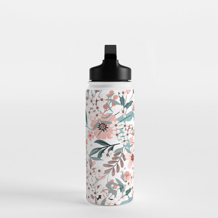 Spring Wildflowers, Floral Prints, Soft Pink and Teal Water Bottle Gallery Image 3