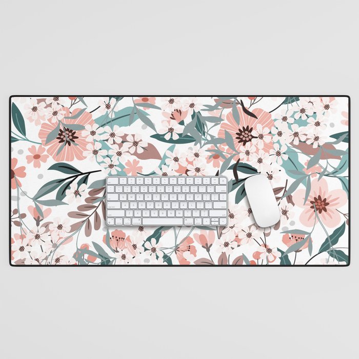 Spring Wildflowers, Floral Prints, Soft Pink and Teal Desk Mat Gallery Image 1