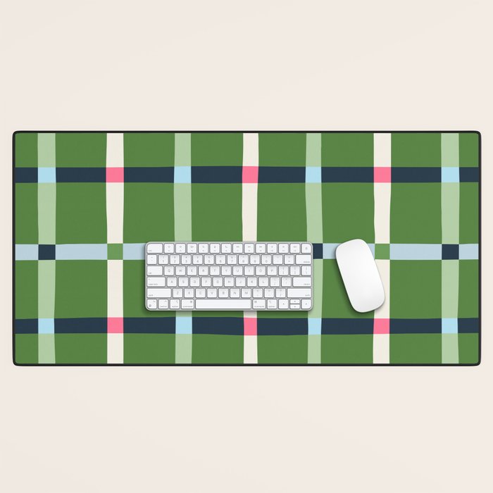 Windowpane Plaid Blue Pink on Green Desk Mat Gallery Image 1