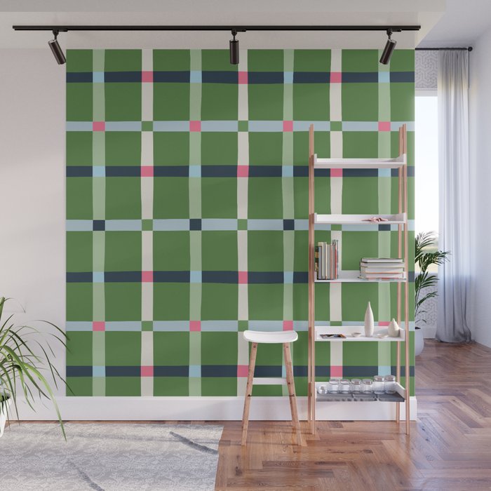 Windowpane Plaid Blue Pink on Green Wall Mural Gallery Image 1