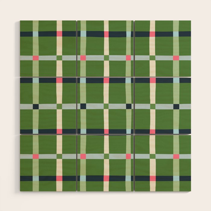 Windowpane Plaid Blue Pink on Green Wood Wall Art Gallery Image 1