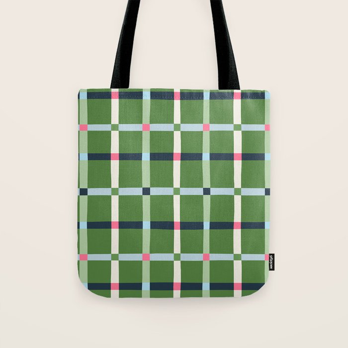 Windowpane Plaid Blue Pink on Green Tote Bag Gallery Image 1