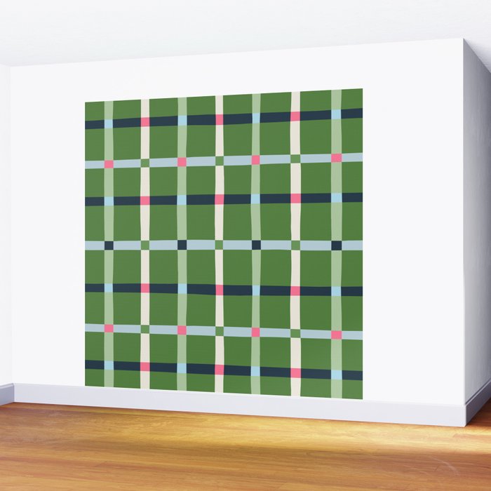 Windowpane Plaid Blue Pink on Green Wall Mural Gallery Image 2