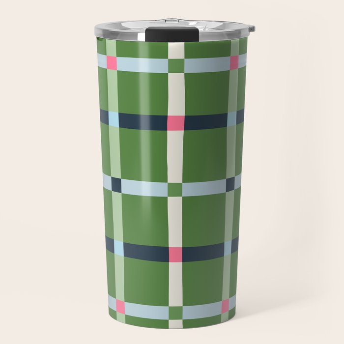 Windowpane Plaid Blue Pink on Green Travel Mug Gallery Image 1