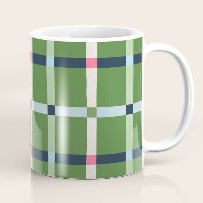 Windowpane Plaid Blue Pink on Green Coffee Mug Gallery Image 1