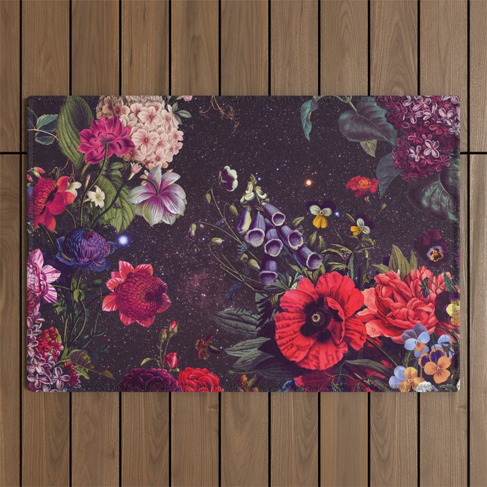 Astro Garden - Space, Stars, Purple, Red, Pink, Blossom, Vibrant, Flower Garden Outdoor Rug Gallery Image 1