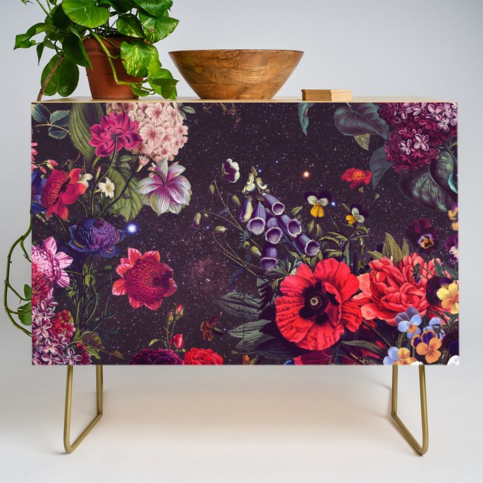 Astro Garden - Space, Stars, Purple, Red, Pink, Blossom, Vibrant, Flower Garden Credenza Gallery Image 1
