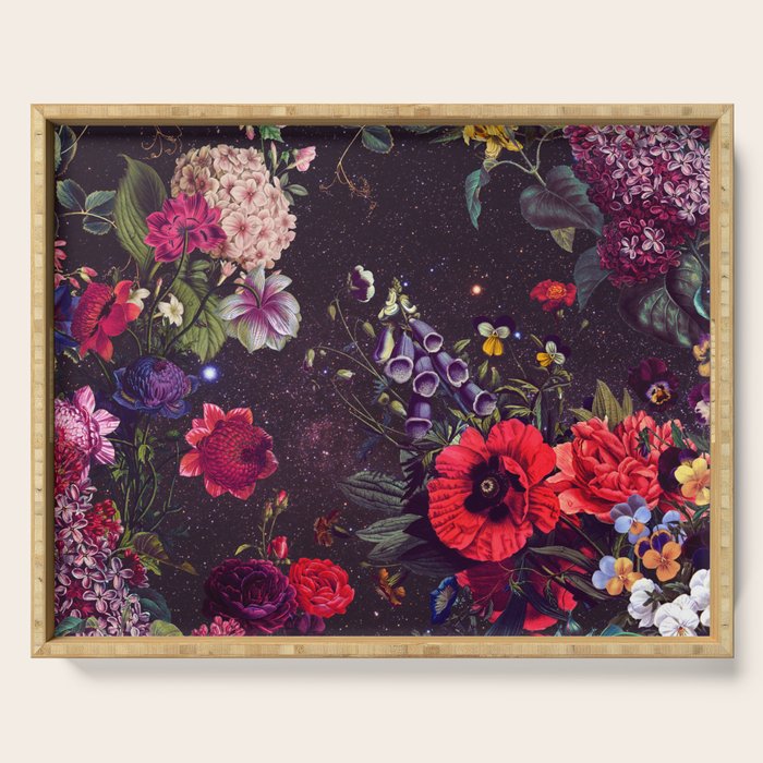 Astro Garden - Space, Stars, Purple, Red, Pink, Blossom, Vibrant, Flower Garden Serving Tray Gallery Image 1