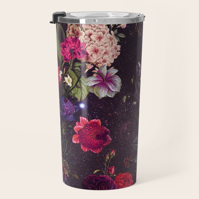 Astro Garden - Space, Stars, Purple, Red, Pink, Blossom, Vibrant, Flower Garden Travel Mug Gallery Image 3