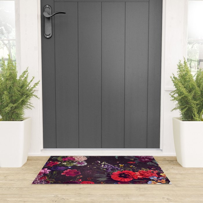 Astro Garden - Space, Stars, Purple, Red, Pink, Blossom, Vibrant, Flower Garden Welcome Mat Gallery Image 3