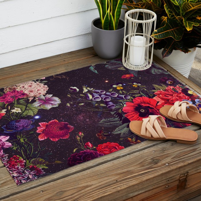 Astro Garden - Space, Stars, Purple, Red, Pink, Blossom, Vibrant, Flower Garden Outdoor Rug Gallery Image 2