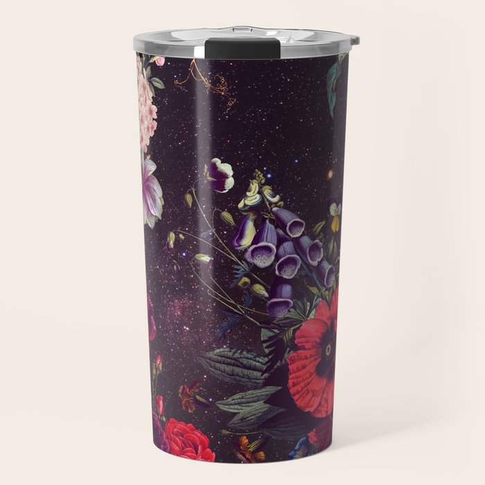 Astro Garden - Space, Stars, Purple, Red, Pink, Blossom, Vibrant, Flower Garden Travel Mug Gallery Image 1
