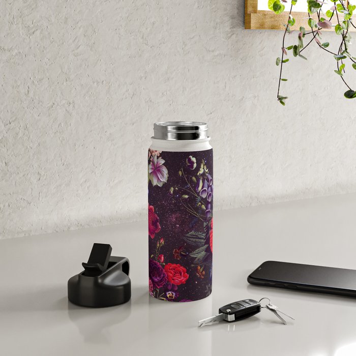 Astro Garden - Space, Stars, Purple, Red, Pink, Blossom, Vibrant, Flower Garden Water Bottle Gallery Image 5