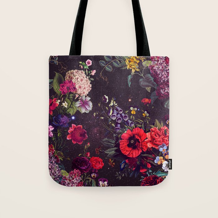 Astro Garden - Space, Stars, Purple, Red, Pink, Blossom, Vibrant, Flower Garden Tote Bag Gallery Image 1
