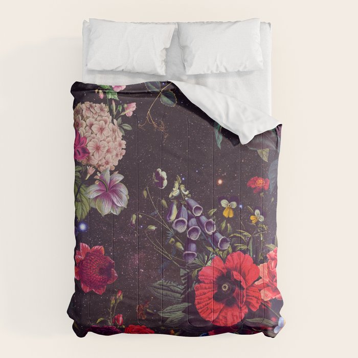 Astro Garden - Space, Stars, Purple, Red, Pink, Blossom, Vibrant, Flower Garden Comforter Gallery Image 6