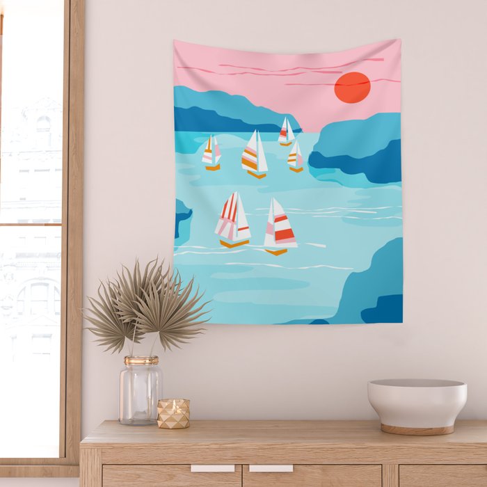Tight - memphis throwback retro vintage classic sport boating yachting sailboat harbor sea ocean art Wall Tapestry Gallery Image 2