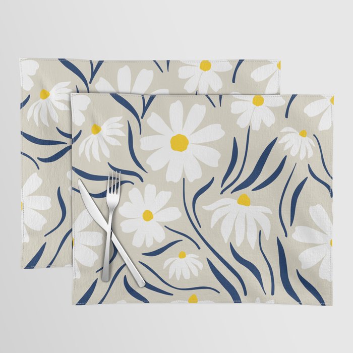 Harper Floral Prints, Ivory, Yellow Navy Blue Placemat Gallery Image 1