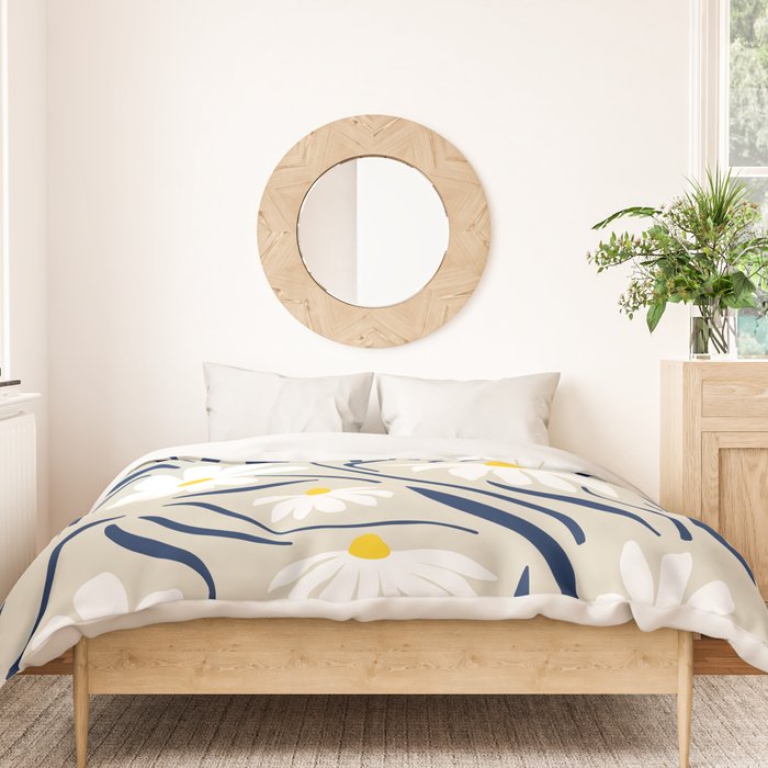Harper Floral Prints, Ivory, Yellow Navy Blue Duvet Cover Gallery Image 3
