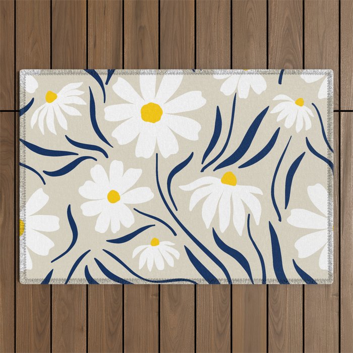 Harper Floral Prints, Ivory, Yellow Navy Blue Outdoor Rug Gallery Image 1