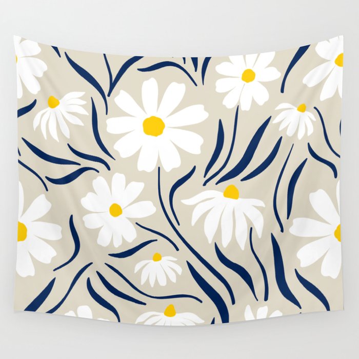 Harper Floral Prints, Ivory, Yellow Navy Blue Wall Tapestry Gallery Image 4