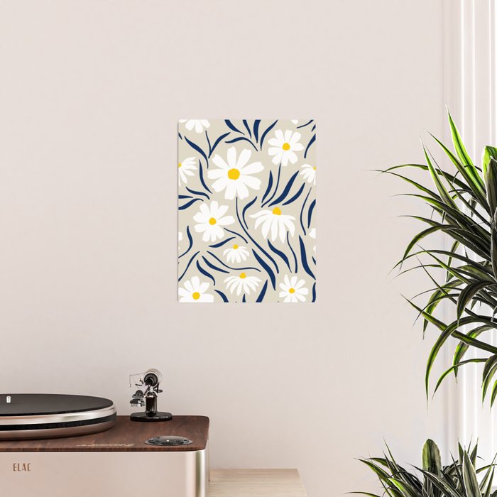 Harper Floral Prints, Ivory, Yellow Navy Blue Poster Gallery Image 2
