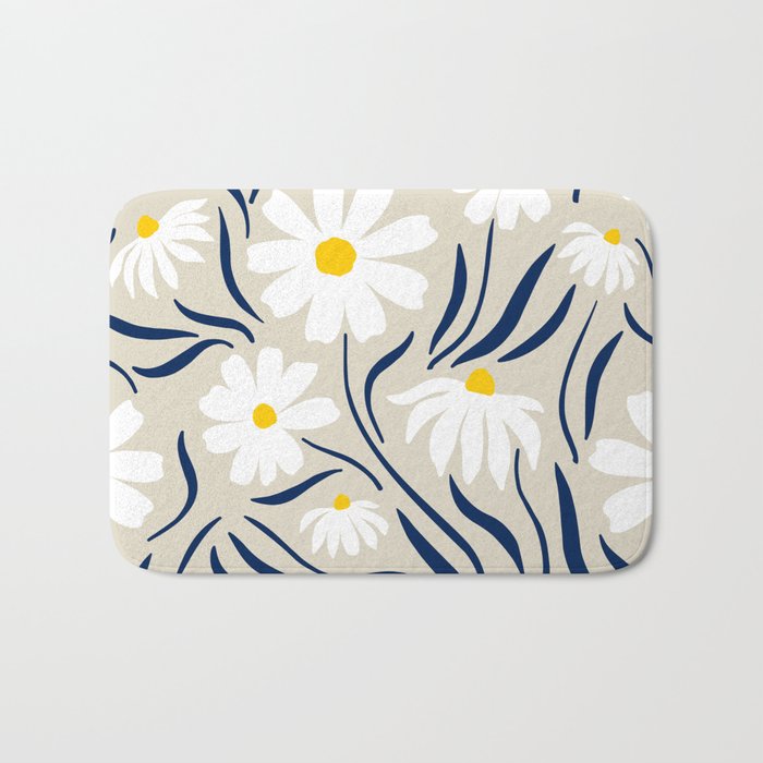Harper Floral Prints, Ivory, Yellow Navy Blue Bath Mat Gallery Image 1
