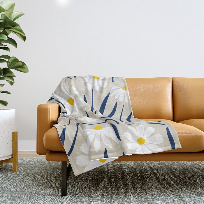 Harper Floral Prints, Ivory, Yellow Navy Blue Throw Blanket Gallery Image 1