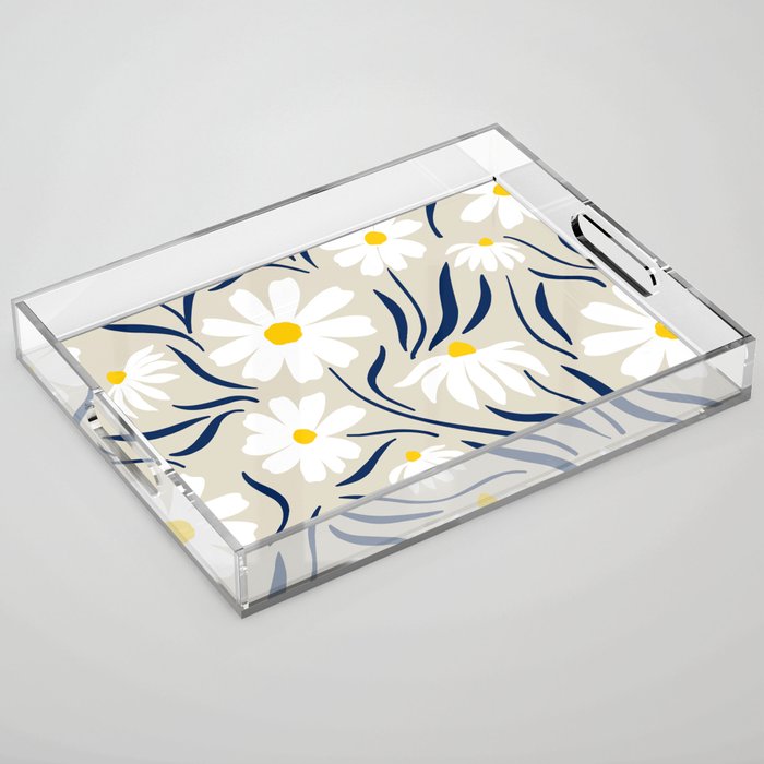 Harper Floral Prints, Ivory, Yellow Navy Blue Acrylic Tray Gallery Image 1