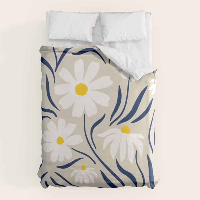 Harper Floral Prints, Ivory, Yellow Navy Blue Duvet Cover Gallery Image 1