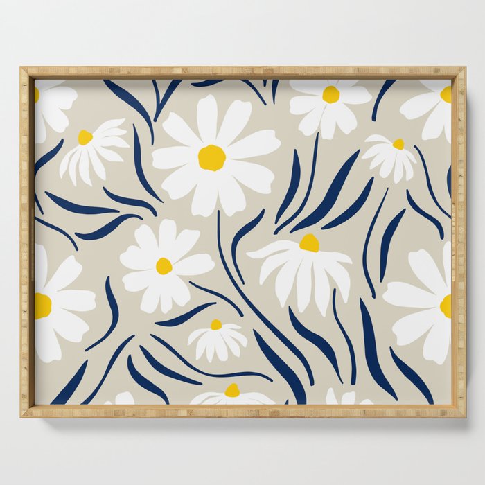 Harper Floral Prints, Ivory, Yellow Navy Blue Serving Tray Gallery Image 1