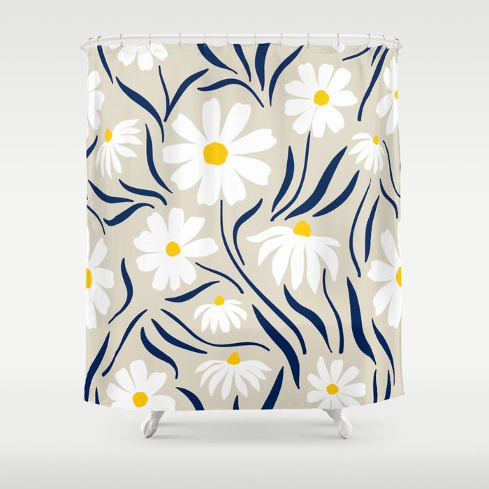 Harper Floral Prints, Ivory, Yellow Navy Blue Shower Curtain Gallery Image 1