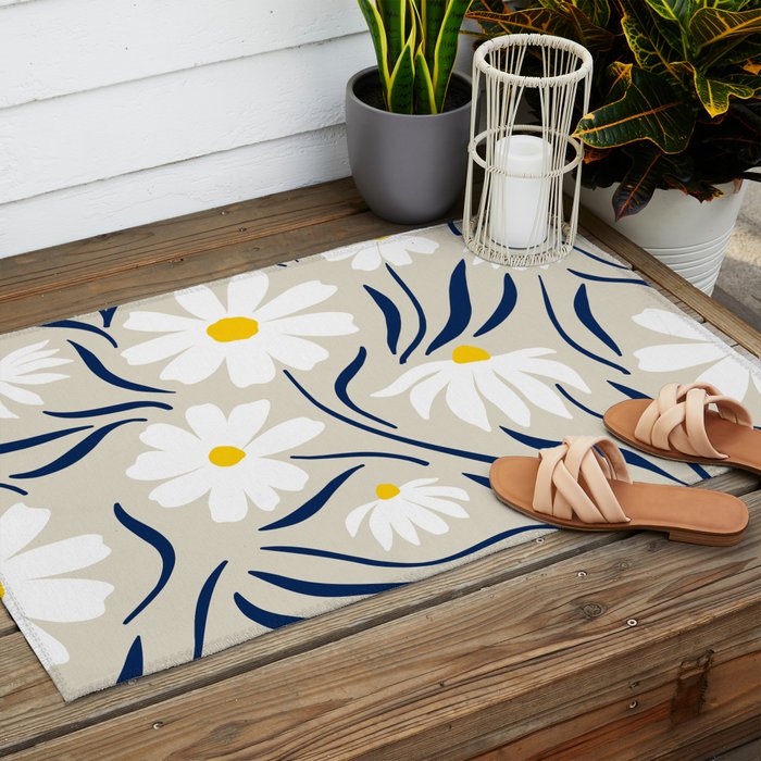 Harper Floral Prints, Ivory, Yellow Navy Blue Outdoor Rug Gallery Image 2