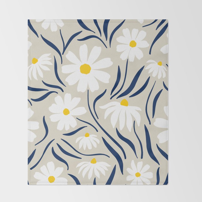 Harper Floral Prints, Ivory, Yellow Navy Blue Throw Blanket Gallery Image 2