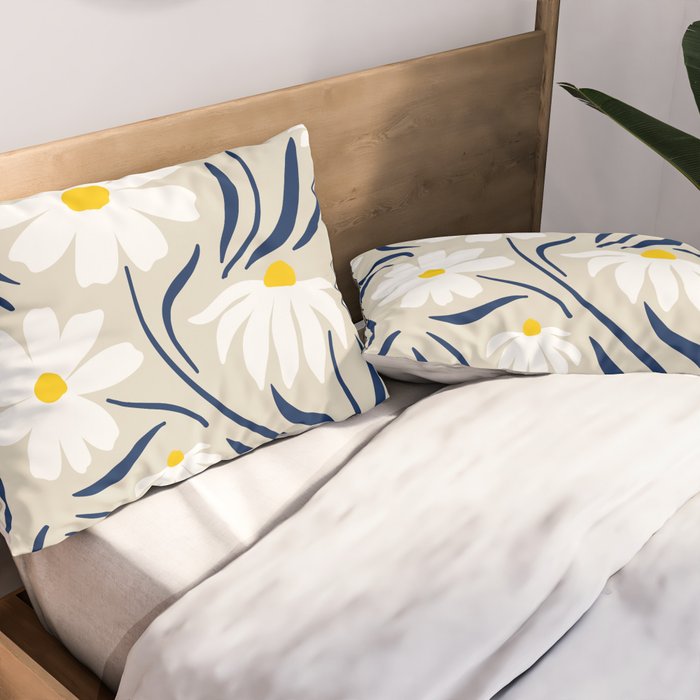 Harper Floral Prints, Ivory, Yellow Navy Blue Pillow Sham Gallery Image 2