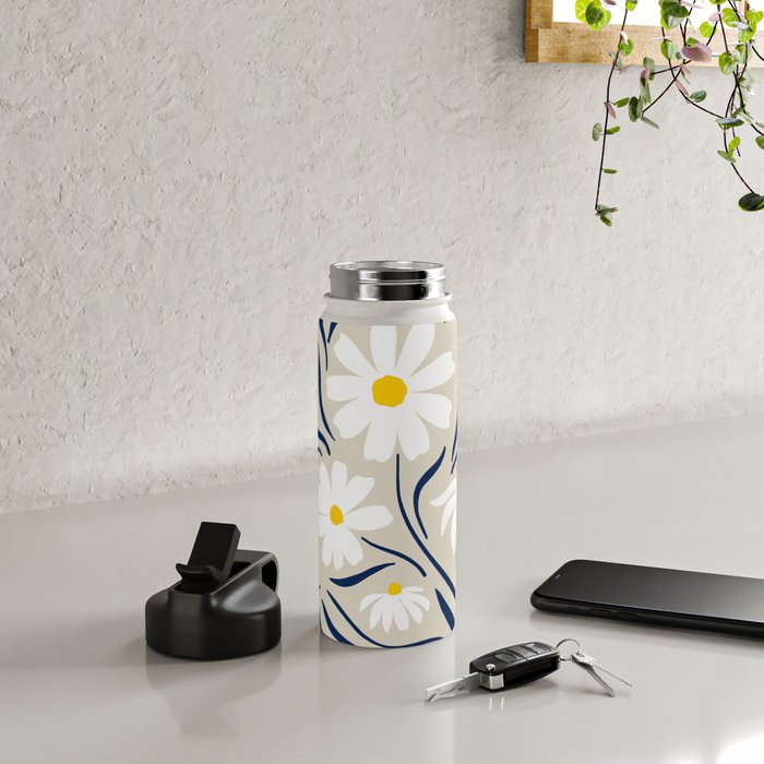Harper Floral Prints, Ivory, Yellow Navy Blue Water Bottle Gallery Image 4