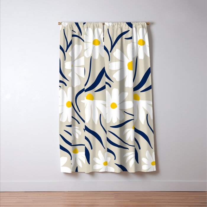 Harper Floral Prints, Ivory, Yellow Navy Blue Window Curtain Gallery Image 3
